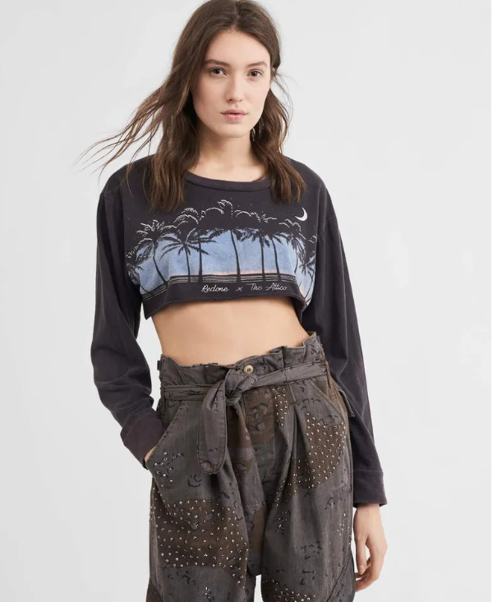 RE/DONE X THE ATTICO Cropped Sunset Long Sleeve Top Small Faded Black Round Neck